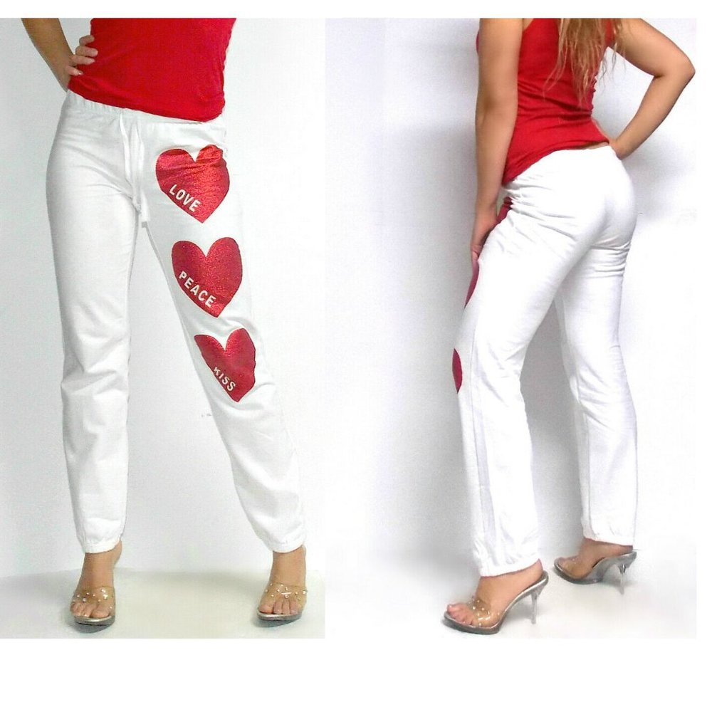 Bottoms Up "LOVE PEACE KISS" warm fleece Sweatpants with big red hearts S,M,L,XL
